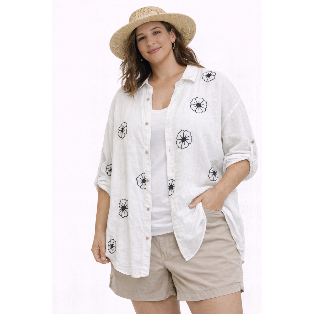 OL Fashion Linen Button Up Women XL White Floral Embroidered Roll Tab Coastal